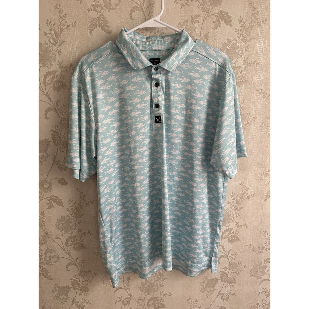 Con.Struct Mens Quick Dry Performance Shirt Blue XL Fish Print Golf Stretch